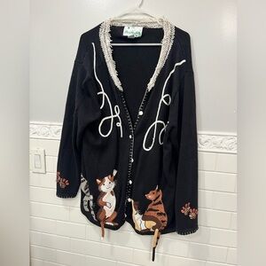 The Quacker Factory  Woman's 1XL Button  Down Cardigan Sweater CATS Black Cream